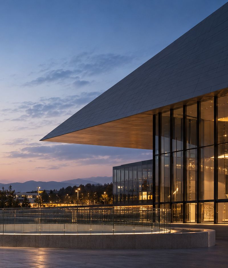 Contemporary glass building lit at dusk on a Swiss campus.