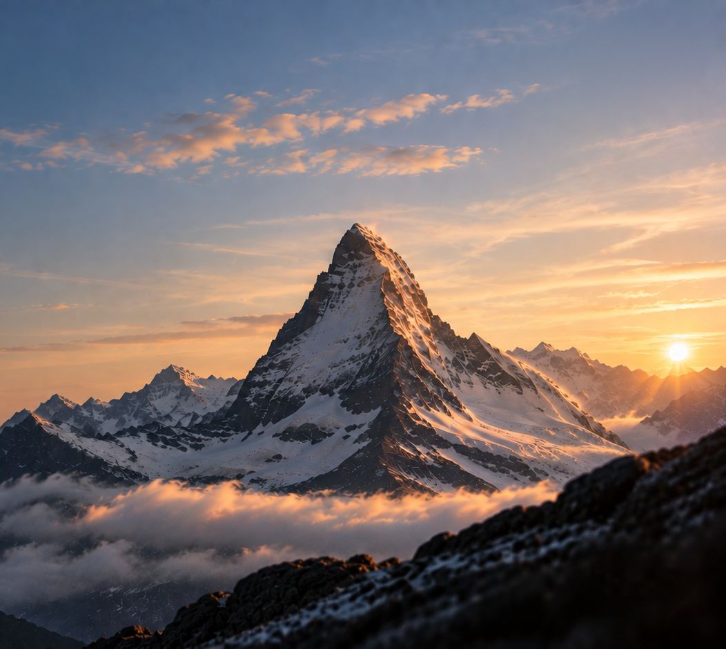 The Matterhorn at sunrise, above a sea of clouds.