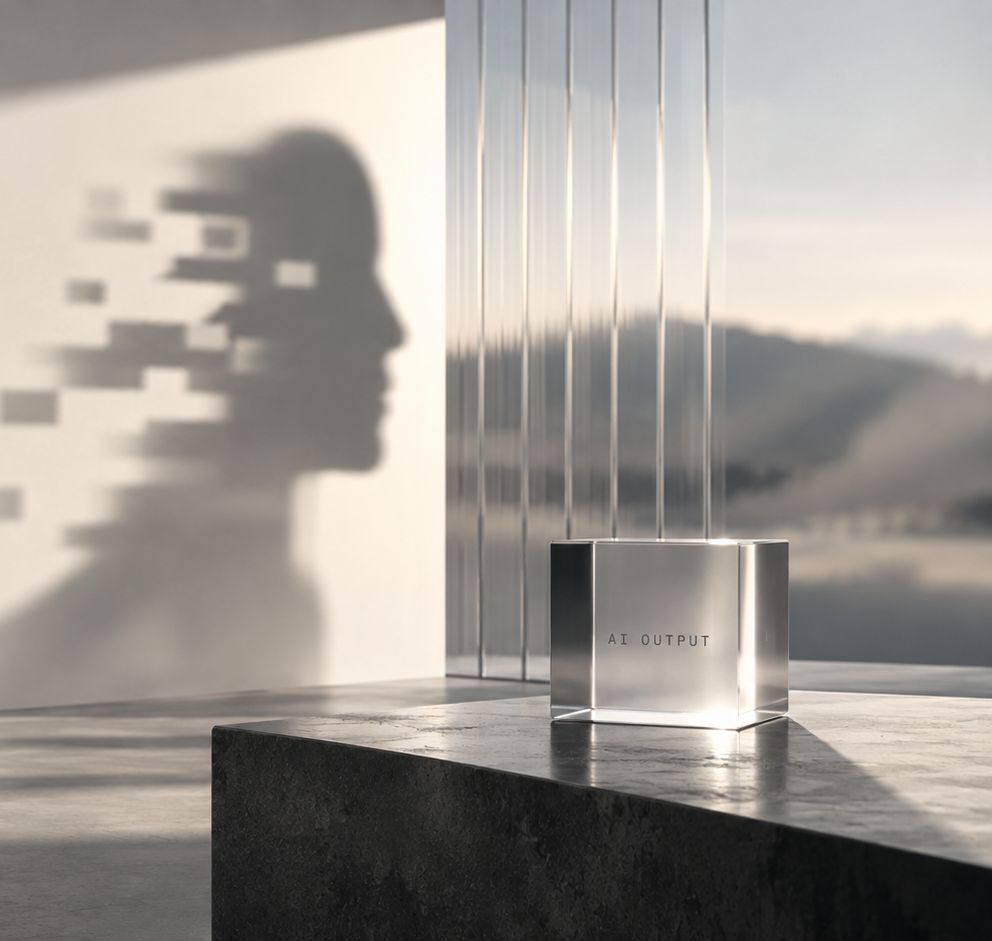 The shadow of a human face breaking into pixels on a pale wall, in front of a glass block.