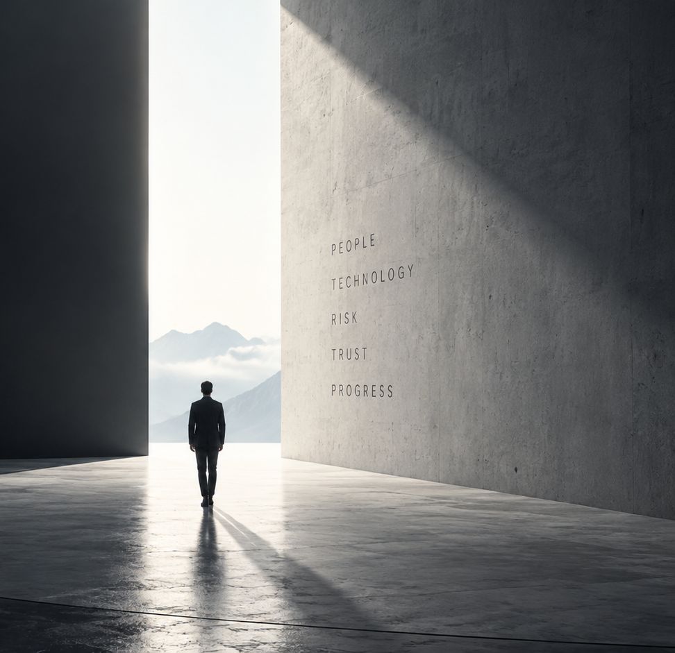 A man in a suit walking towards an opening of light between two concrete walls.
